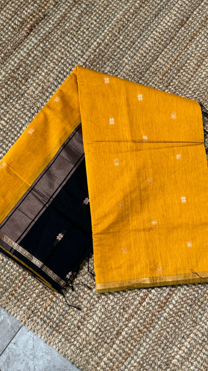 Purely Hand-Woven - Mustard Yellow Cotton Silk Saree with Black Pallu
