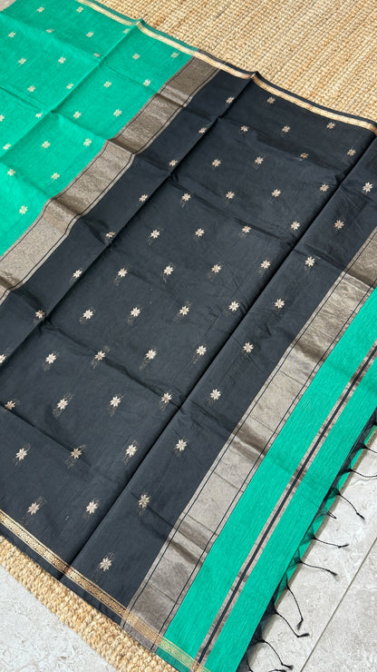 Purely Hand-Woven - Rama Green Cotton Silk Saree with Black Border