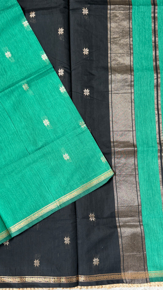 Purely Hand-Woven - Rama Green Cotton Silk Saree with Black Border