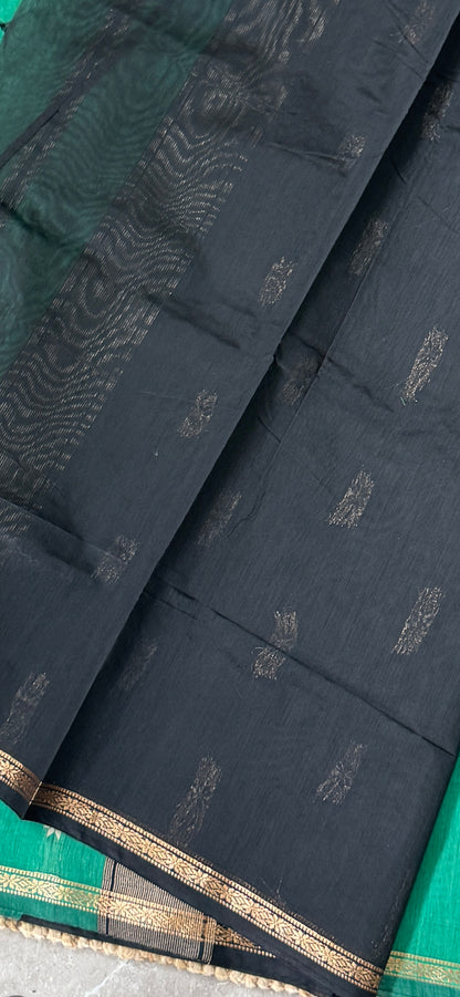 Purely Hand-Woven - Rama Green Cotton Silk Saree with Black Border