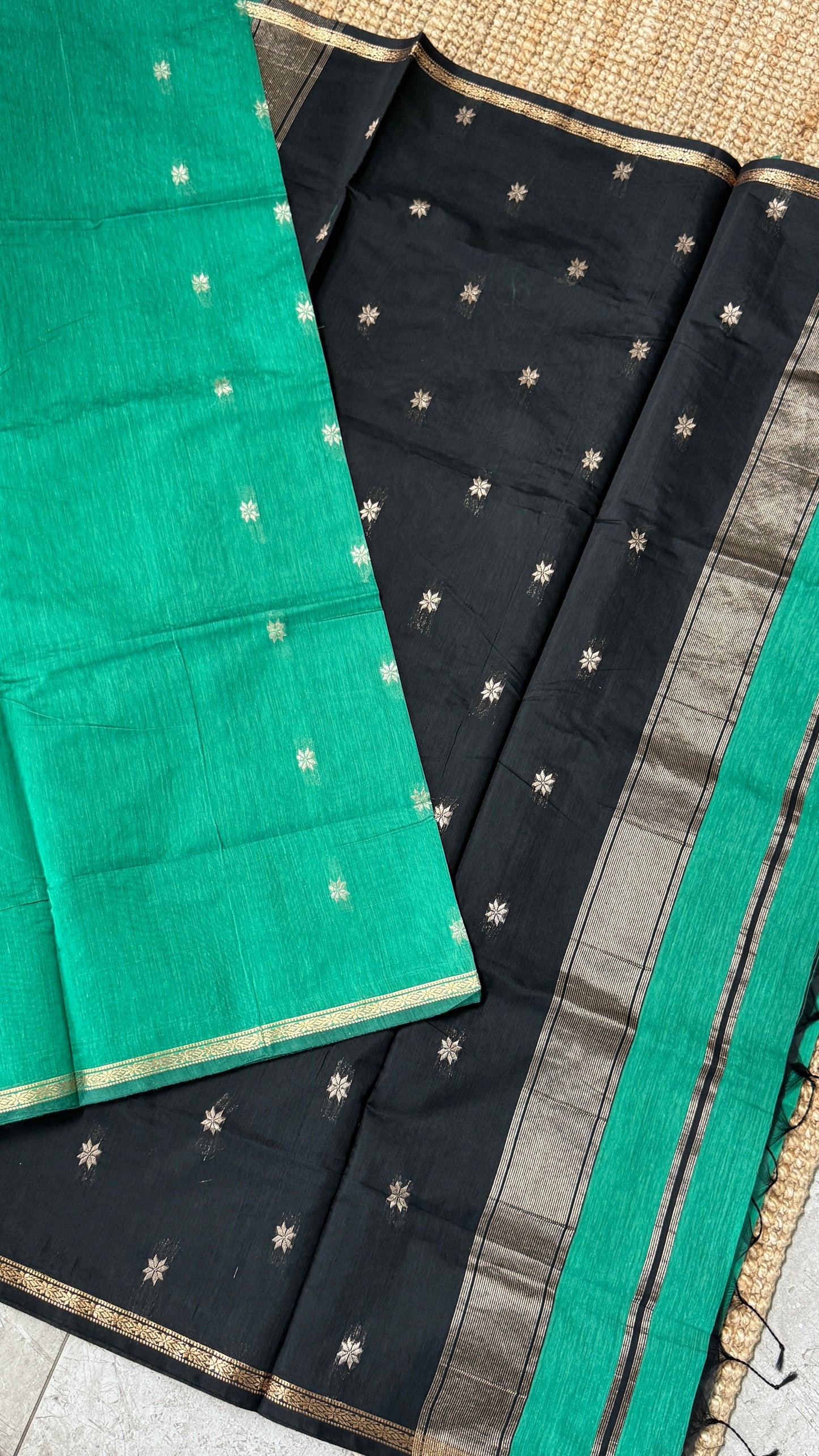Purely Hand-Woven - Rama Green Cotton Silk Saree with Black Border