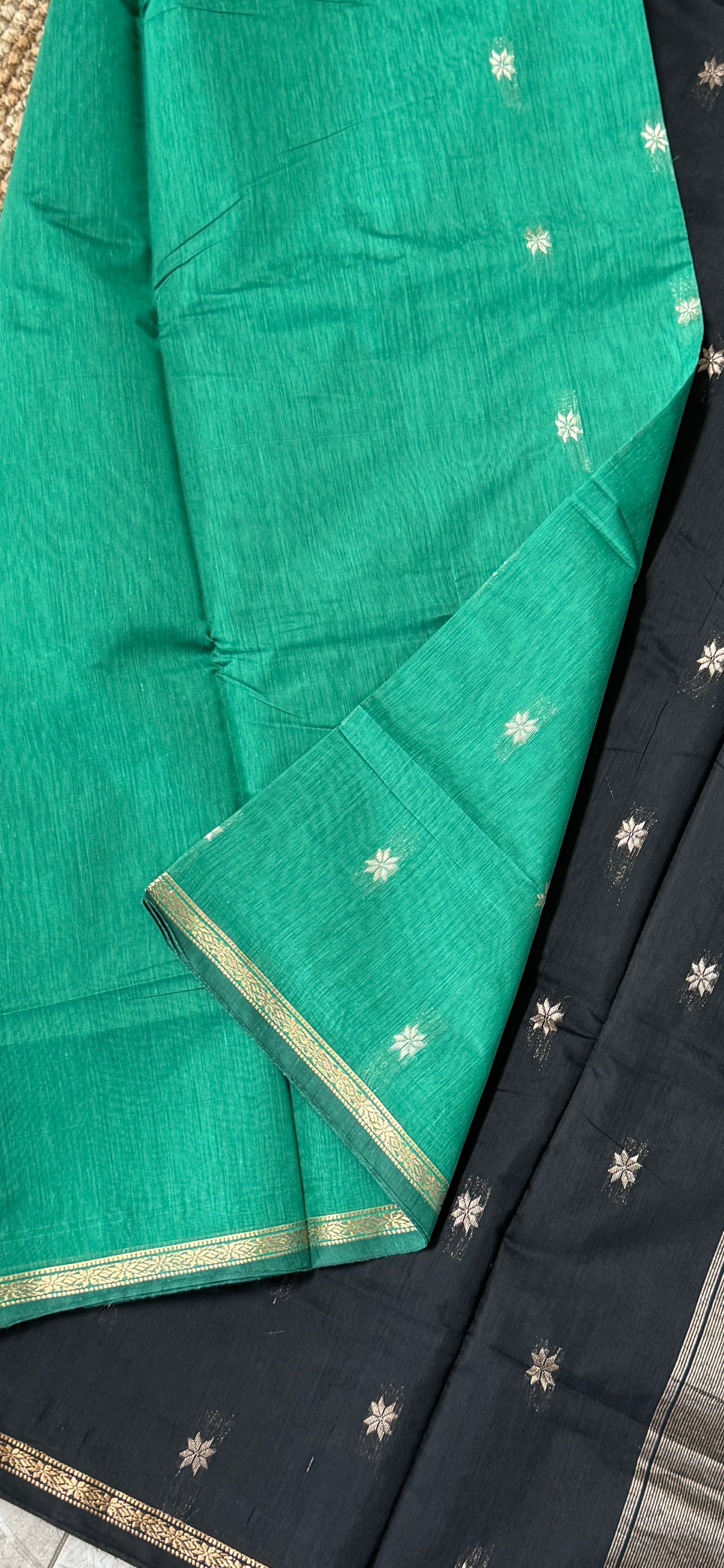 Purely Hand-Woven - Rama Green Cotton Silk Saree with Black Border