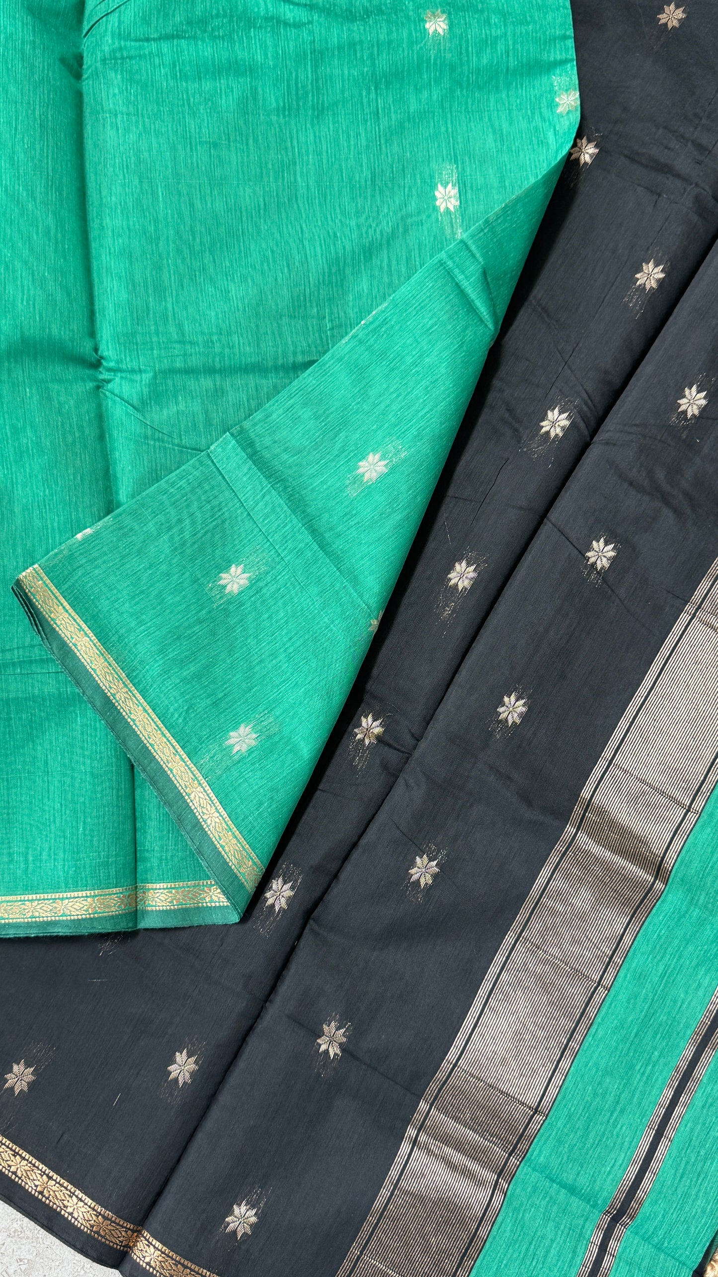 Purely Hand-Woven - Rama Green Cotton Silk Saree with Black Border