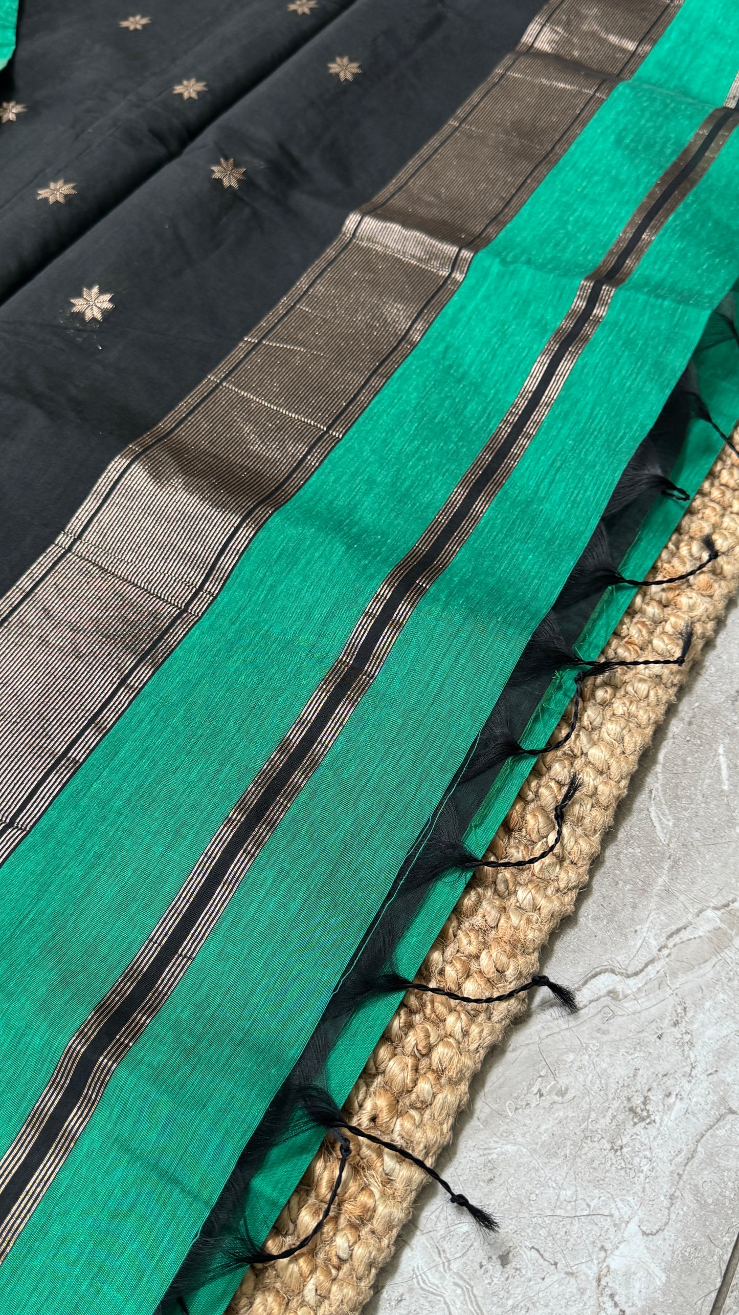 Purely Hand-Woven - Rama Green Cotton Silk Saree with Black Border