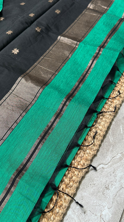 Purely Hand-Woven - Rama Green Cotton Silk Saree with Black Border