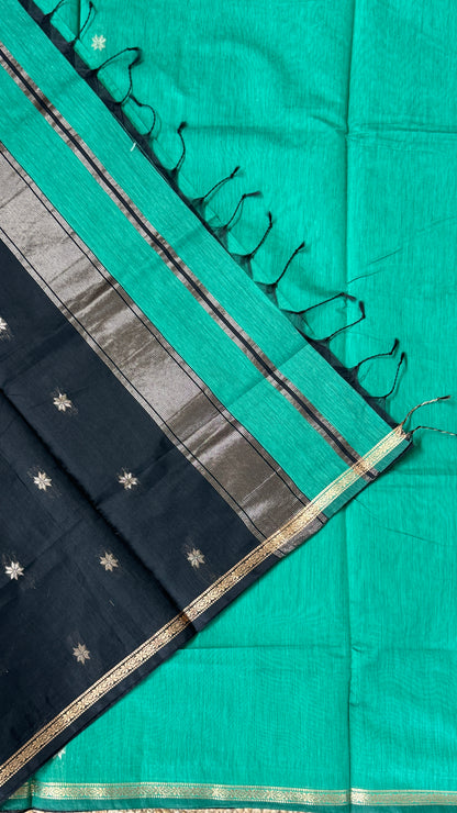 Purely Hand-Woven - Rama Green Cotton Silk Saree with Black Border