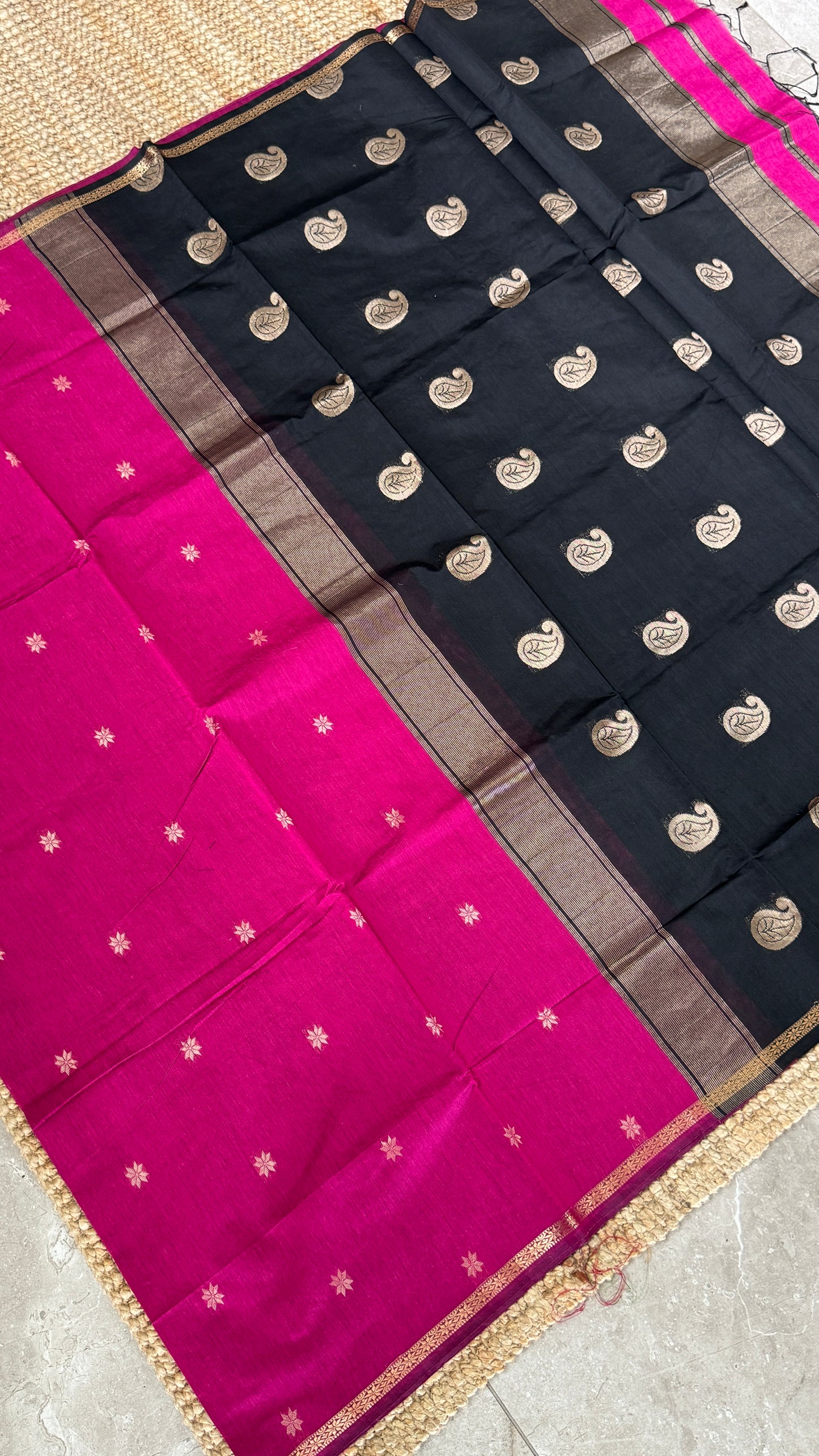 Purely Hand-Woven - Pink Cotton Silk Saree with Black Pallu