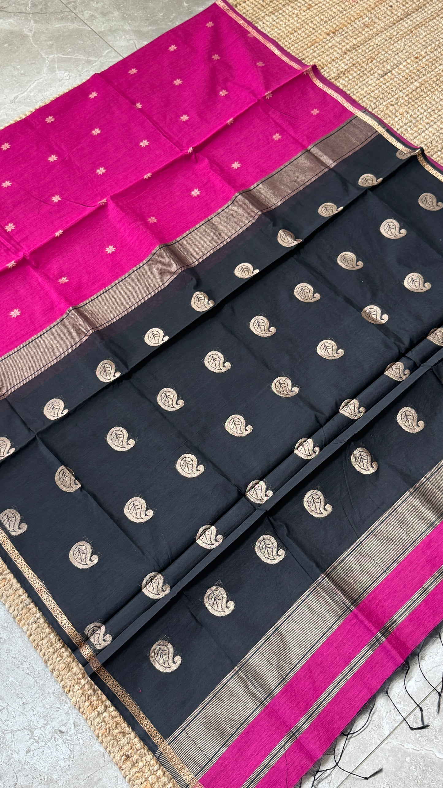 Purely Hand-Woven - Pink Cotton Silk Saree with Black Pallu