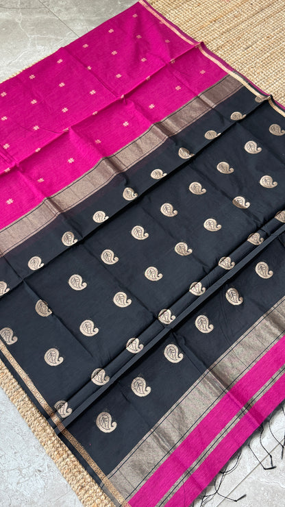 Purely Hand-Woven - Pink Cotton Silk Saree with Black Pallu