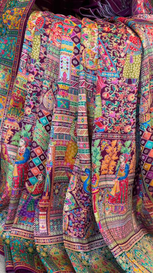 A Kashmiri Pashmina Banarasi Handwoven Storytelling Sarees - Wine