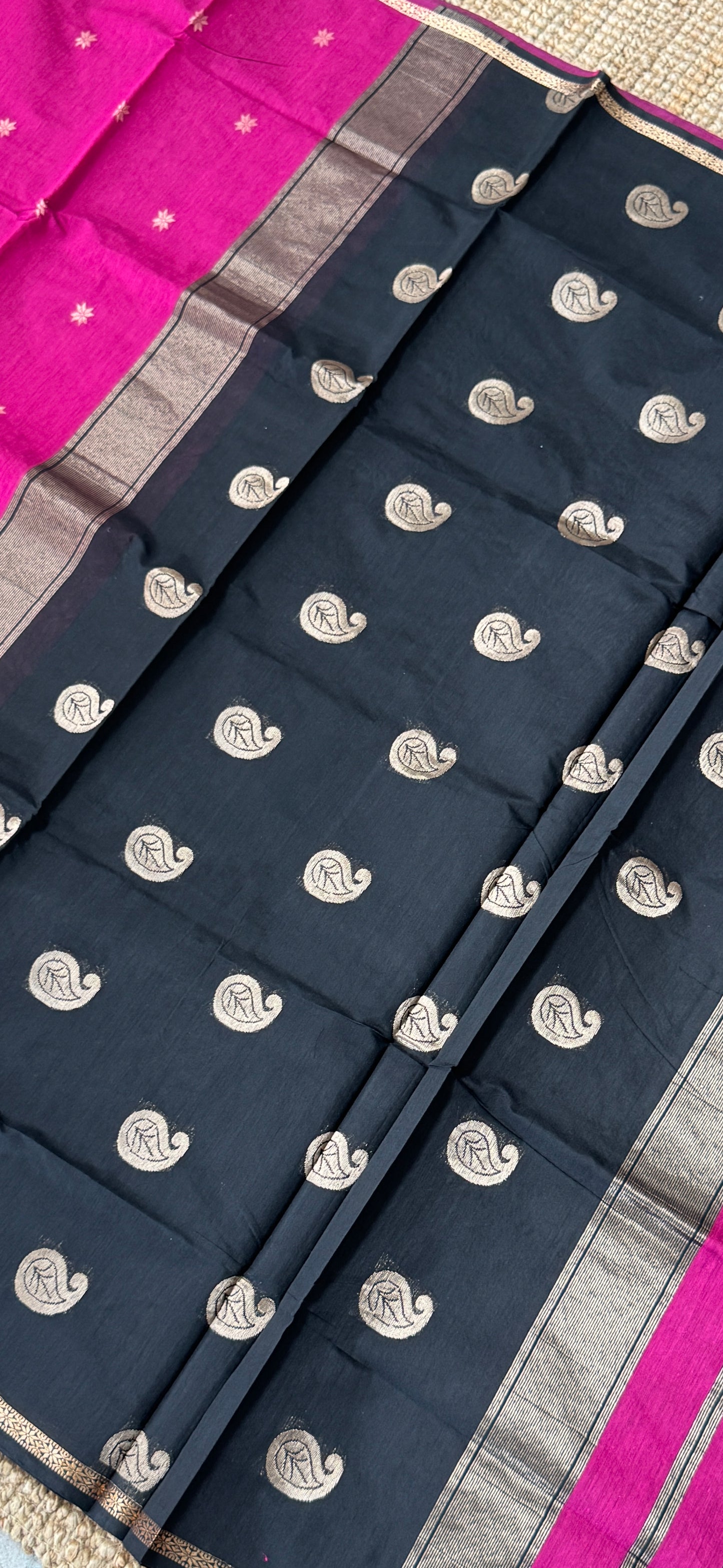 Purely Hand-Woven - Pink Cotton Silk Saree with Black Pallu