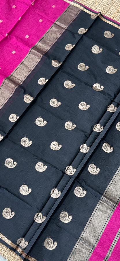 Purely Hand-Woven - Pink Cotton Silk Saree with Black Pallu