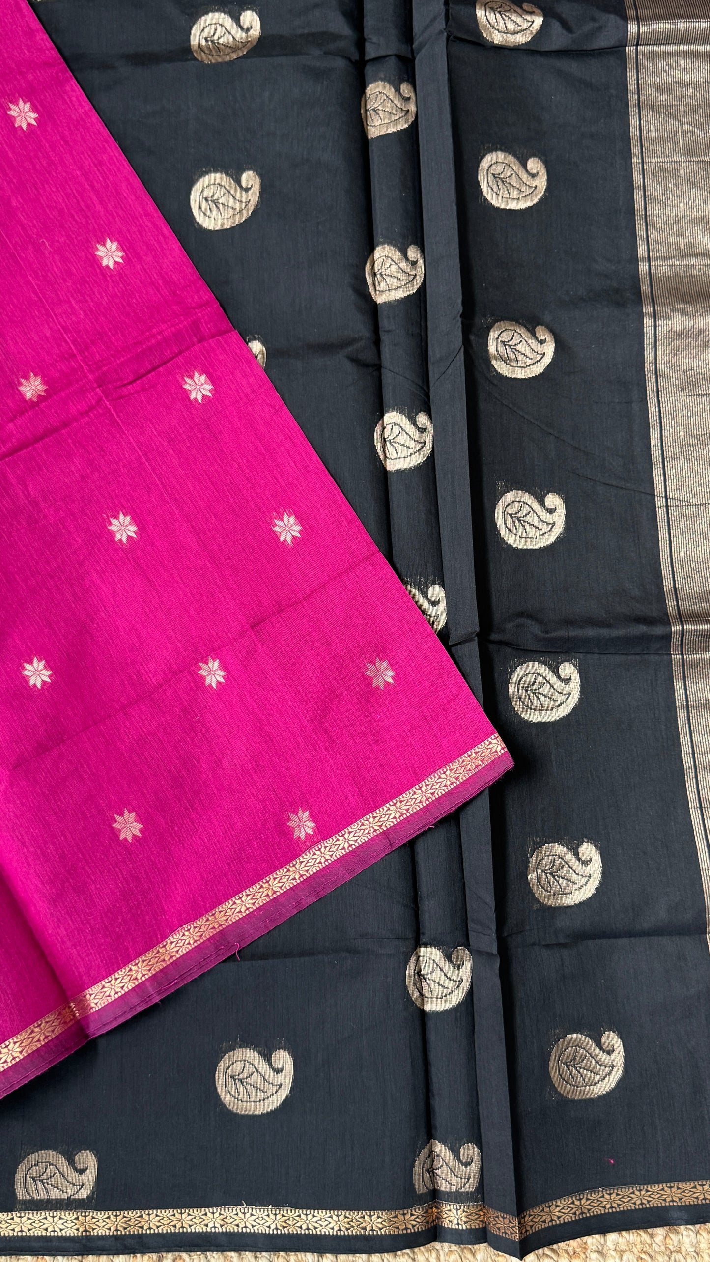 Purely Hand-Woven - Pink Cotton Silk Saree with Black Pallu