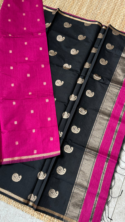 Purely Hand-Woven - Pink Cotton Silk Saree with Black Pallu