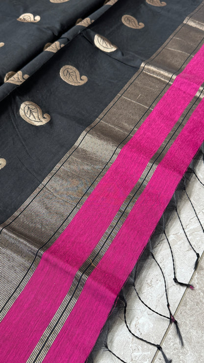 Purely Hand-Woven - Pink Cotton Silk Saree with Black Pallu
