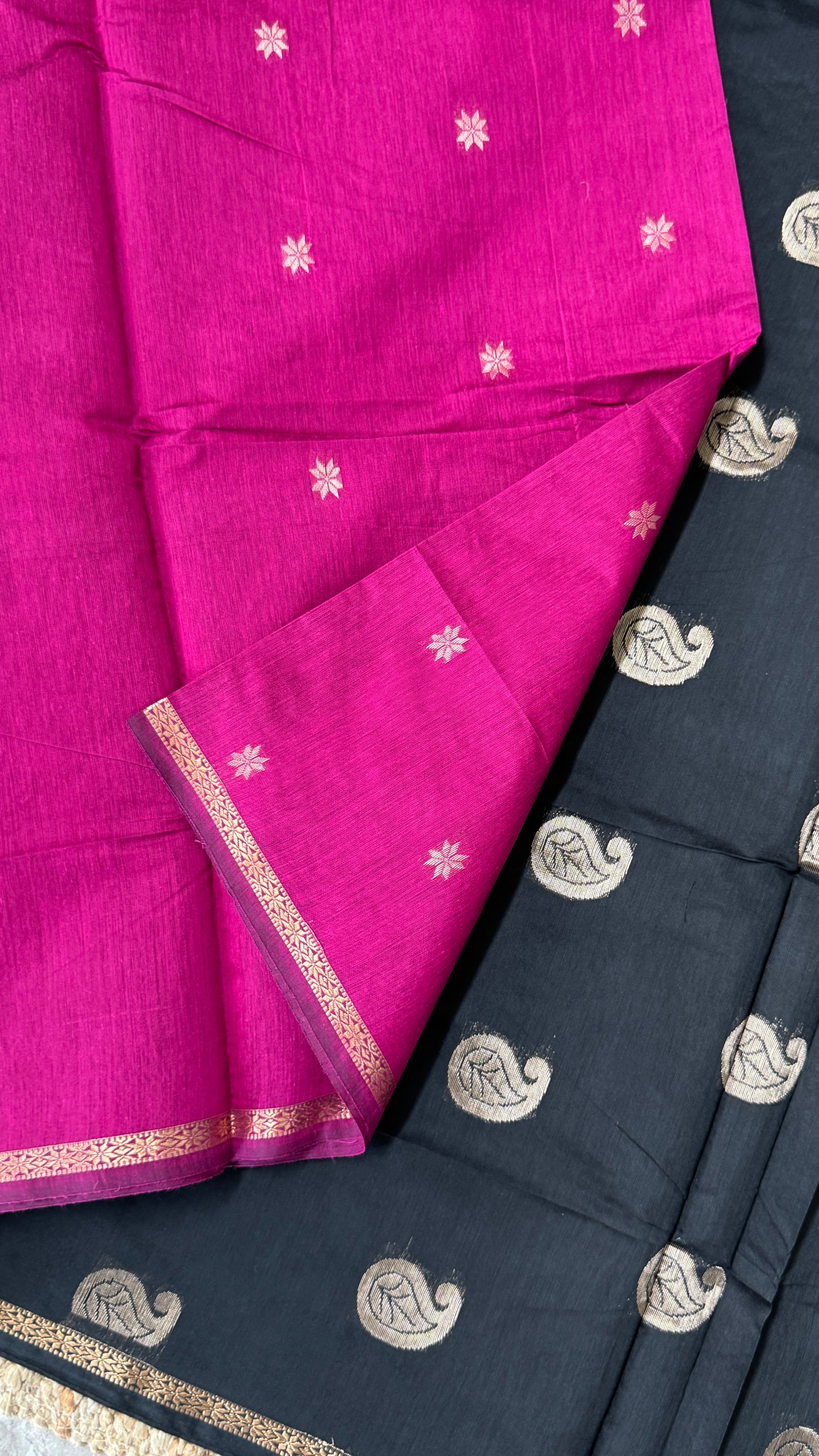 Purely Hand-Woven - Pink Cotton Silk Saree with Black Pallu
