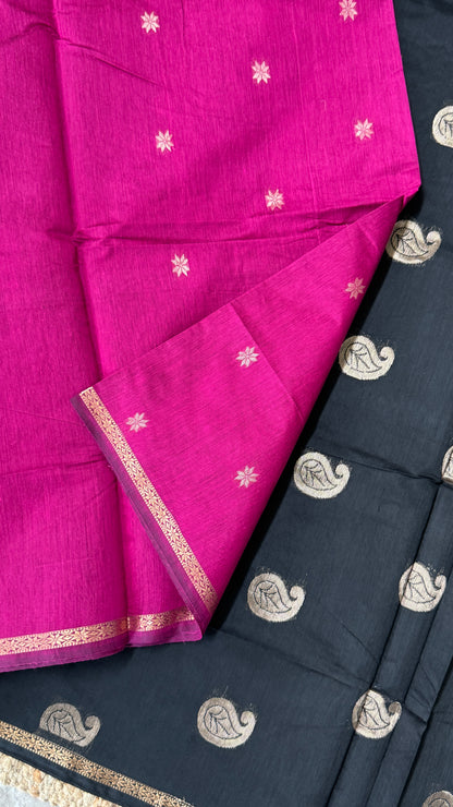 Purely Hand-Woven - Pink Cotton Silk Saree with Black Pallu
