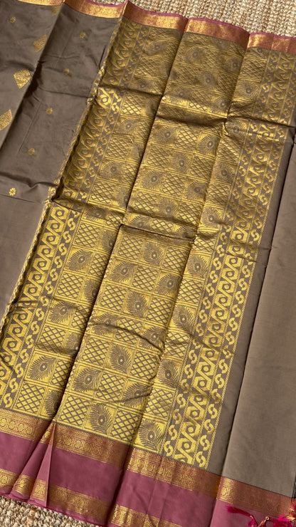 Semi Soft Silk Saree – Grey Body with Pink RettaPetta  Border