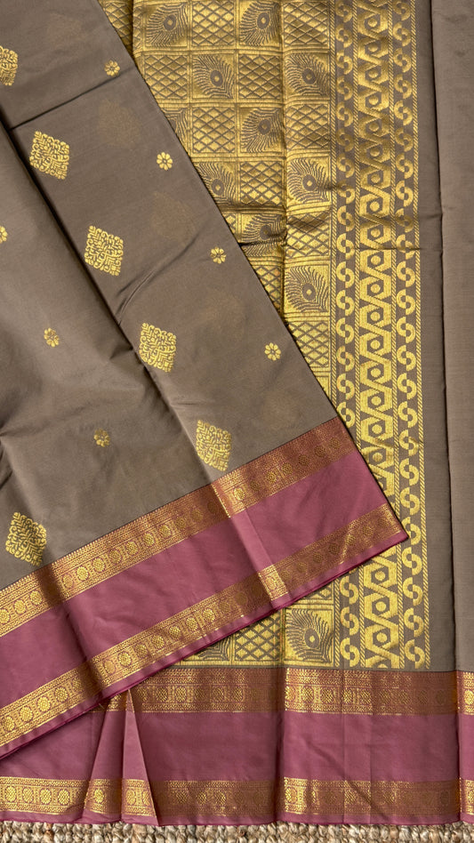 Semi Soft Silk Saree – Grey Body with Pink RettaPetta  Border