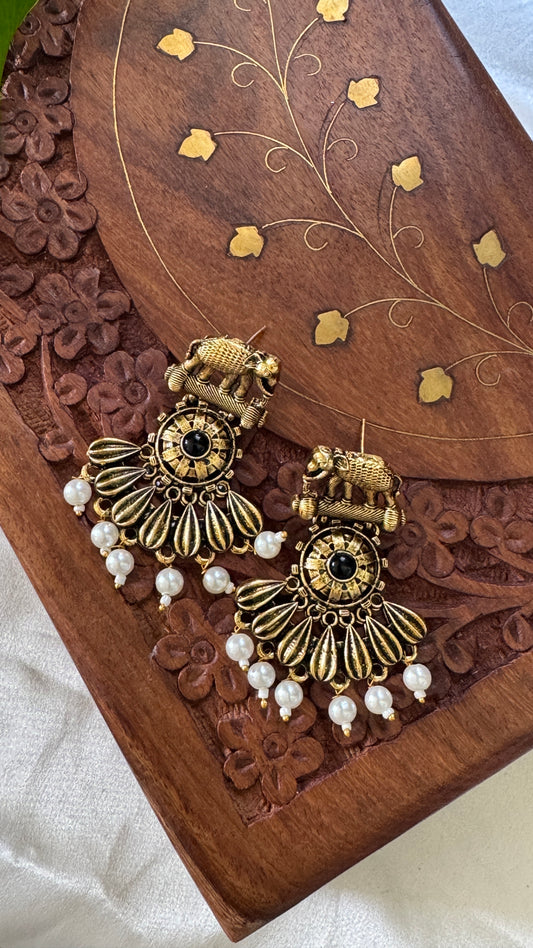 Gorgeous Designer Elephant Hangings Set - Black Stone with Pearl drops