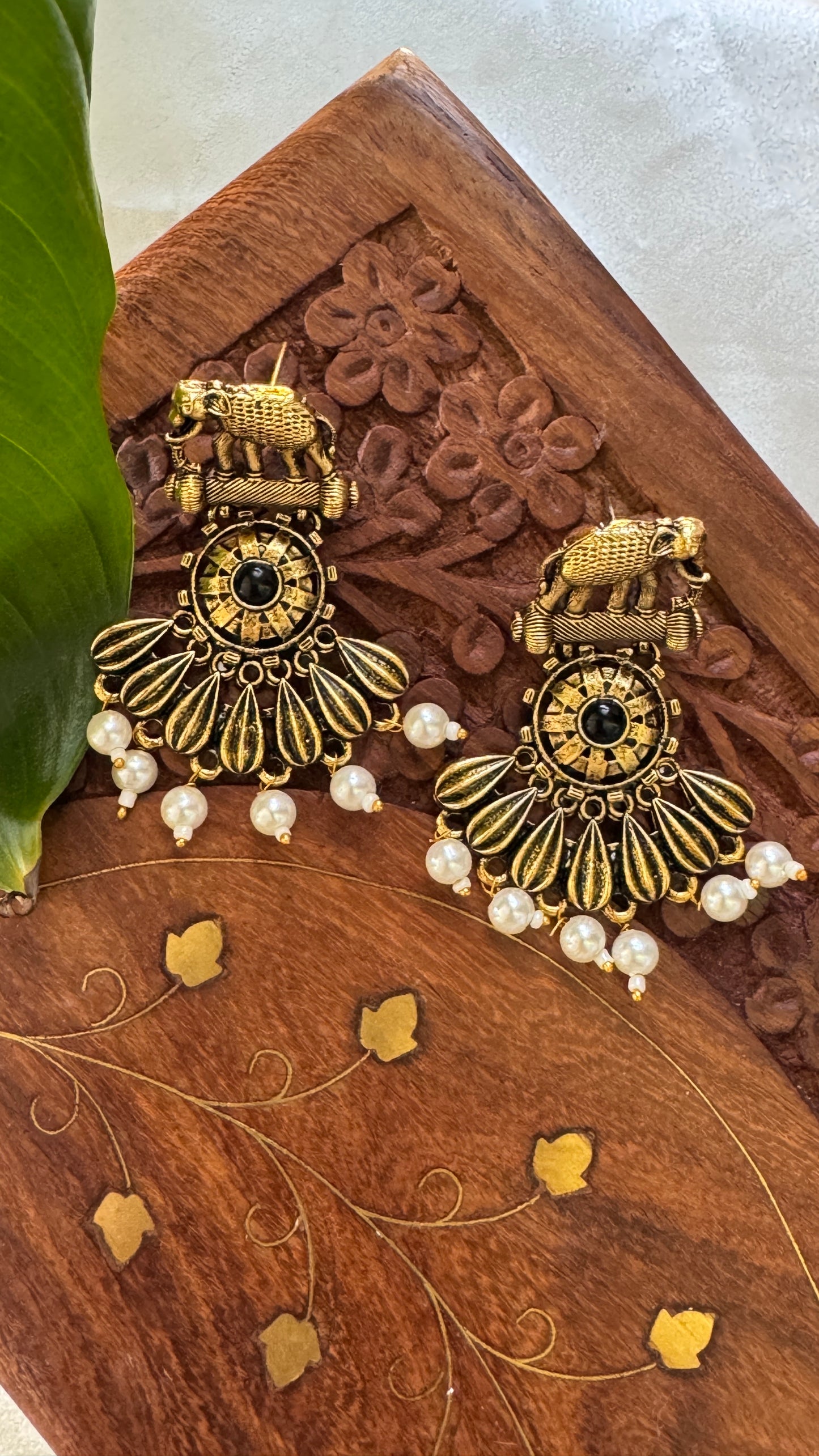 Gorgeous Designer Elephant Hangings Set - Black Stone with Pearl drops