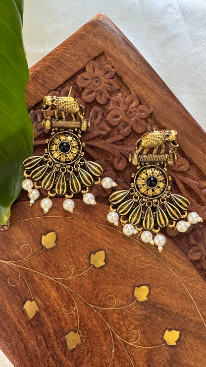 Gorgeous Designer Elephant Hangings Set - Black Stone with Pearl drops