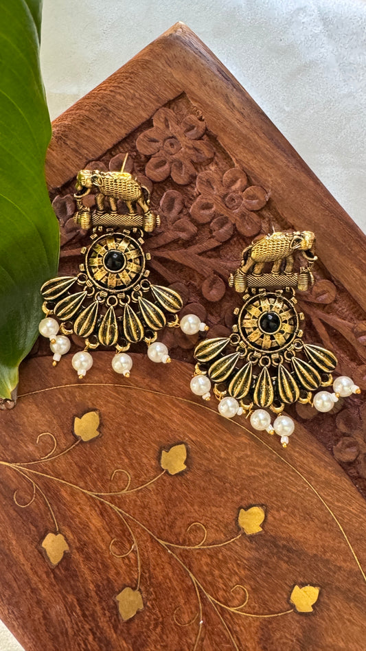 Gorgeous Designer Elephant Hangings Set - Black Stone with Pearl drops