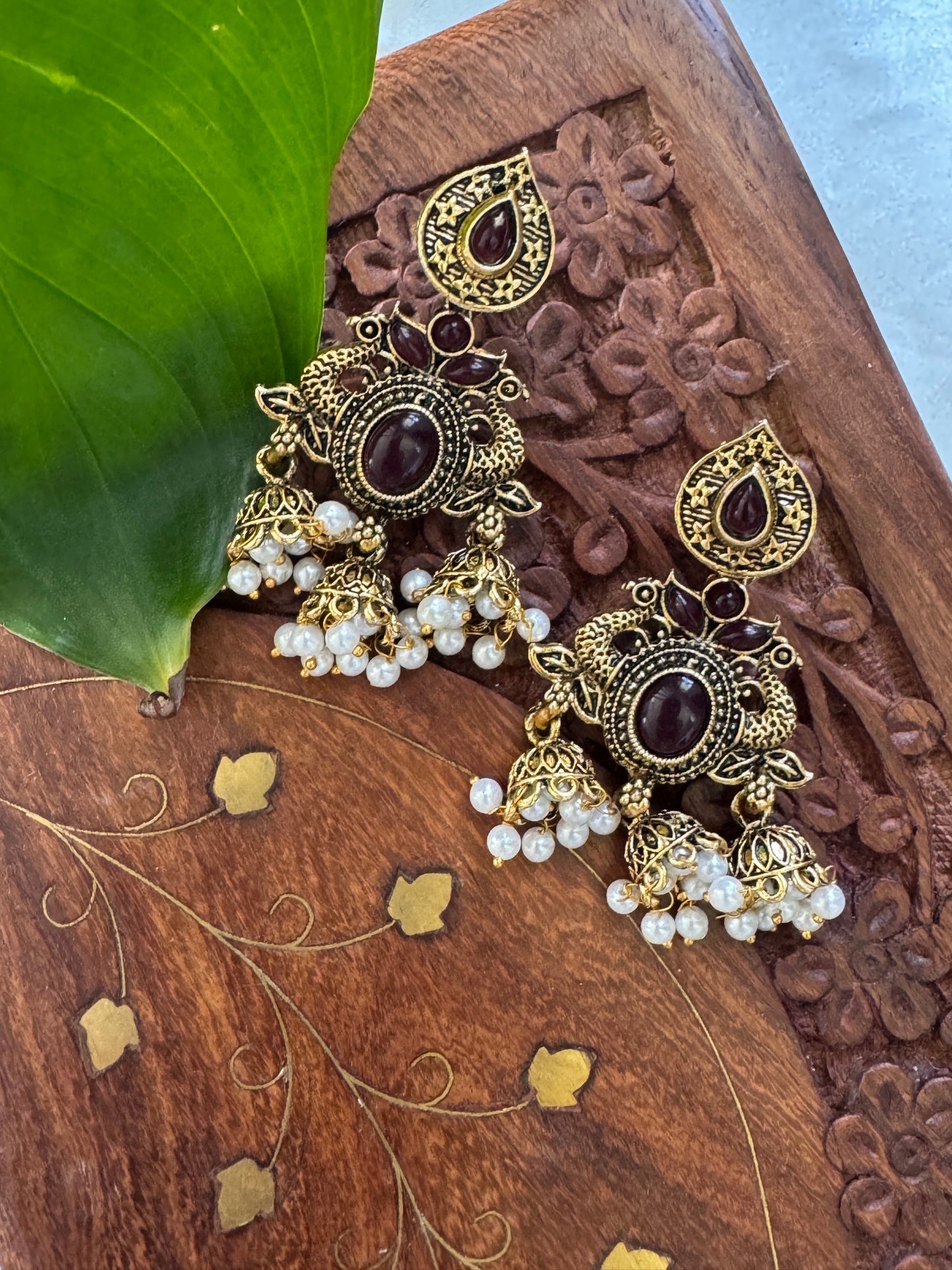 Gorgeous Designer Hangings Set - Maroon Stone