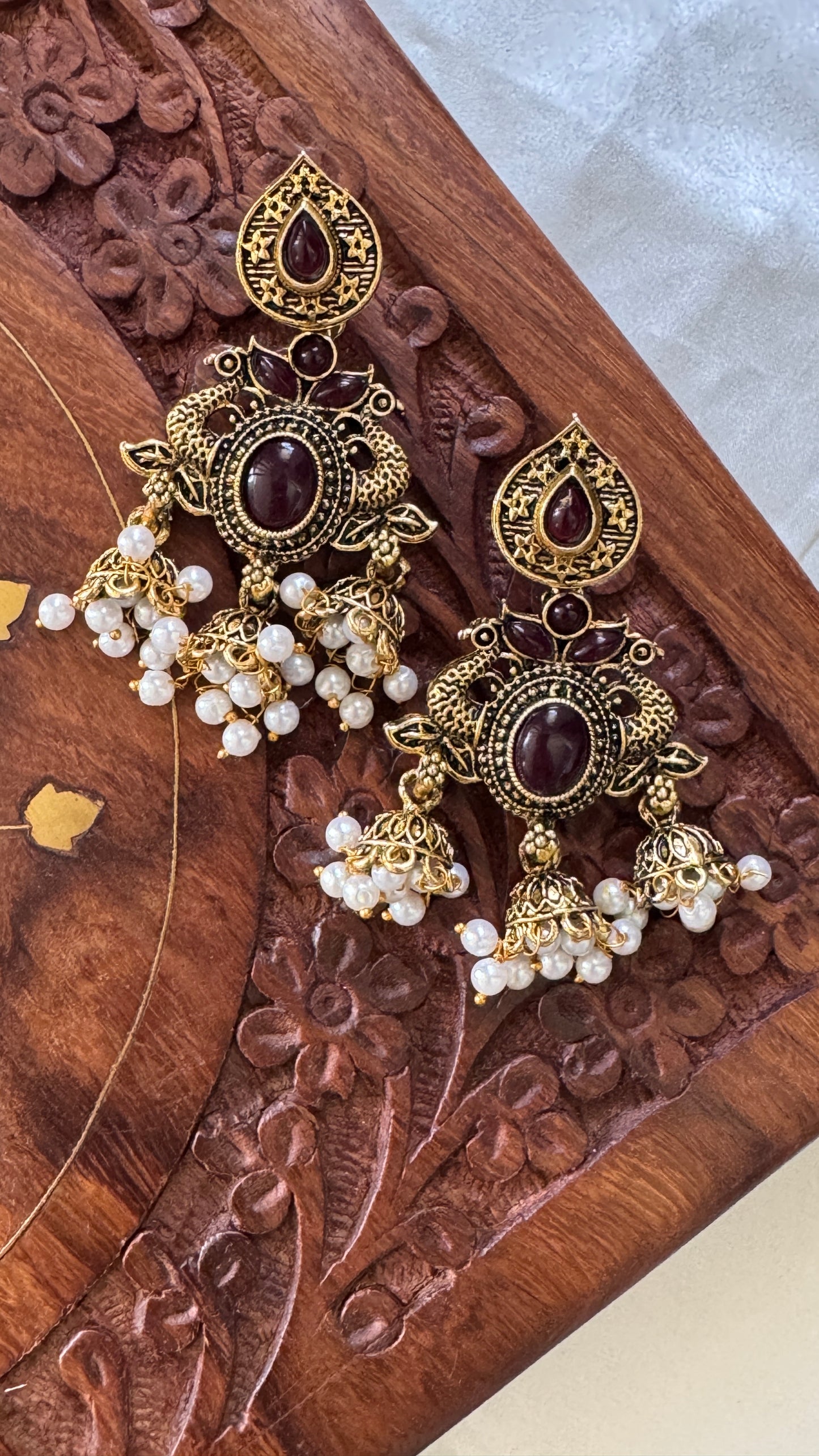 Gorgeous Designer Hangings Set - Maroon Stone