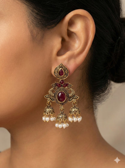 Gorgeous Designer Hangings Set - Maroon Stone