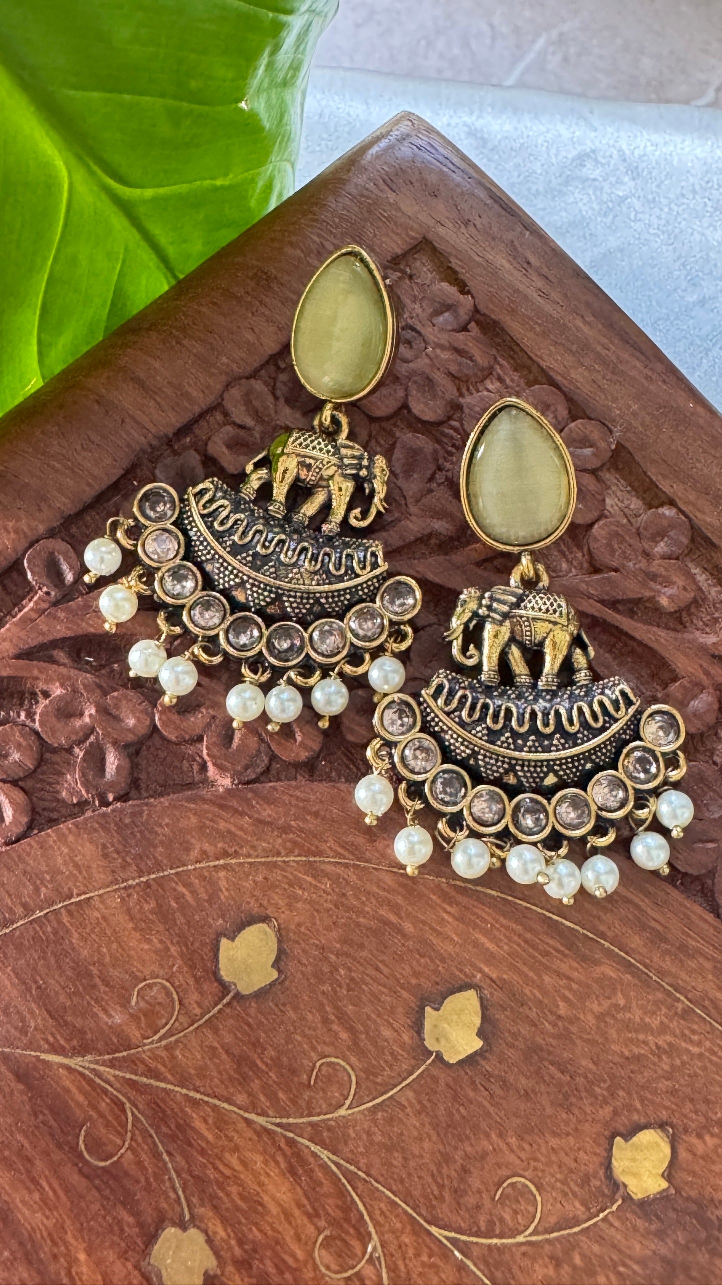 Gorgeous Designer Elephant Hangings Set - Yellow Stone with Pearl drops