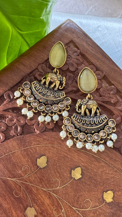 Gorgeous Designer Elephant Hangings Set - Yellow Stone with Pearl drops