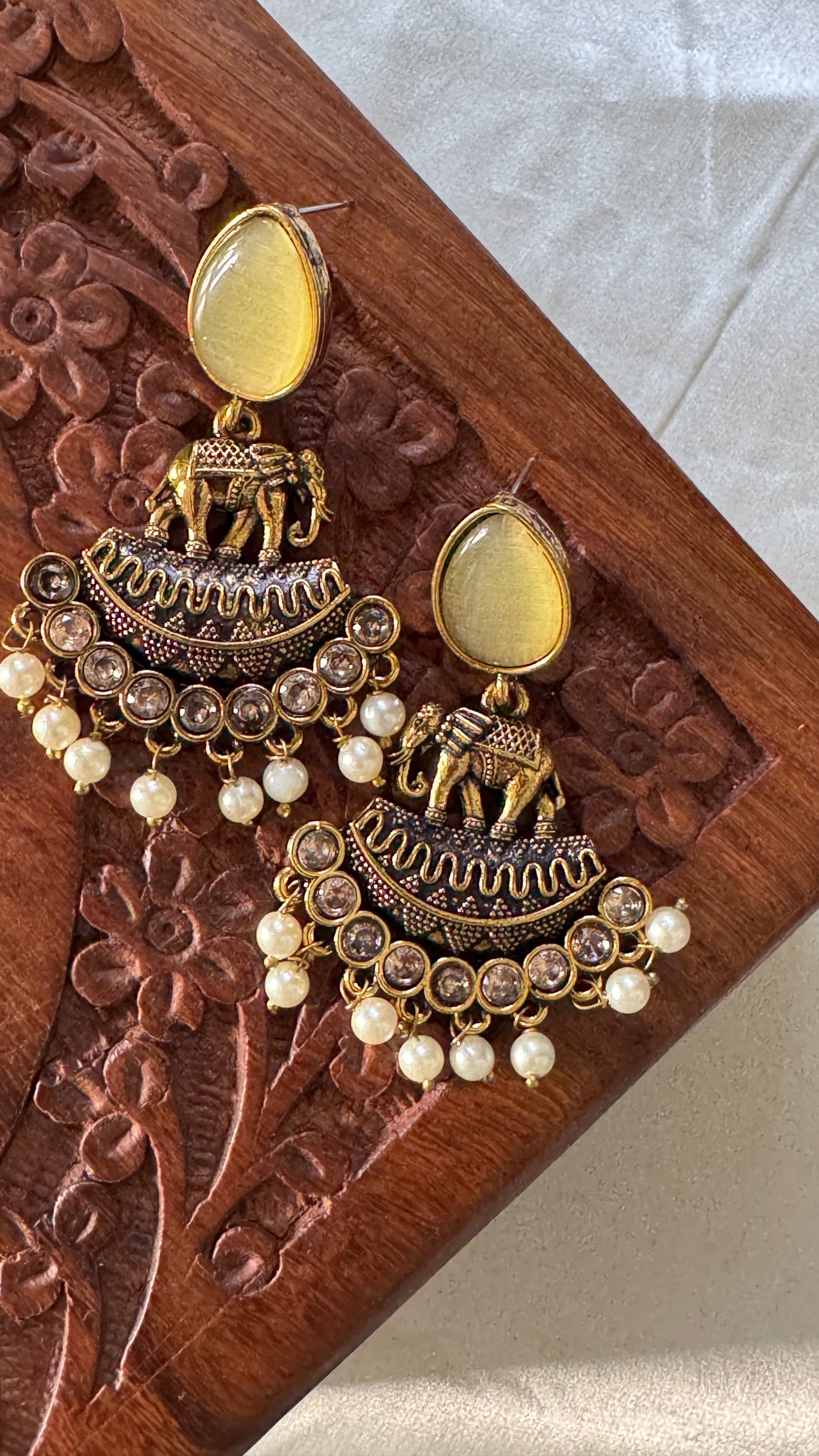 Gorgeous Designer Elephant Hangings Set - Yellow Stone with Pearl drops