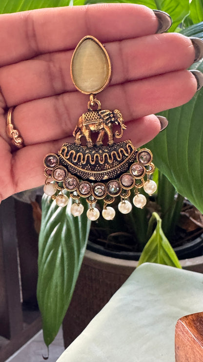 Gorgeous Designer Elephant Hangings Set - Yellow Stone with Pearl drops