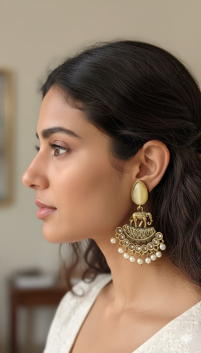 Gorgeous Designer Elephant Hangings Set - Yellow Stone with Pearl drops
