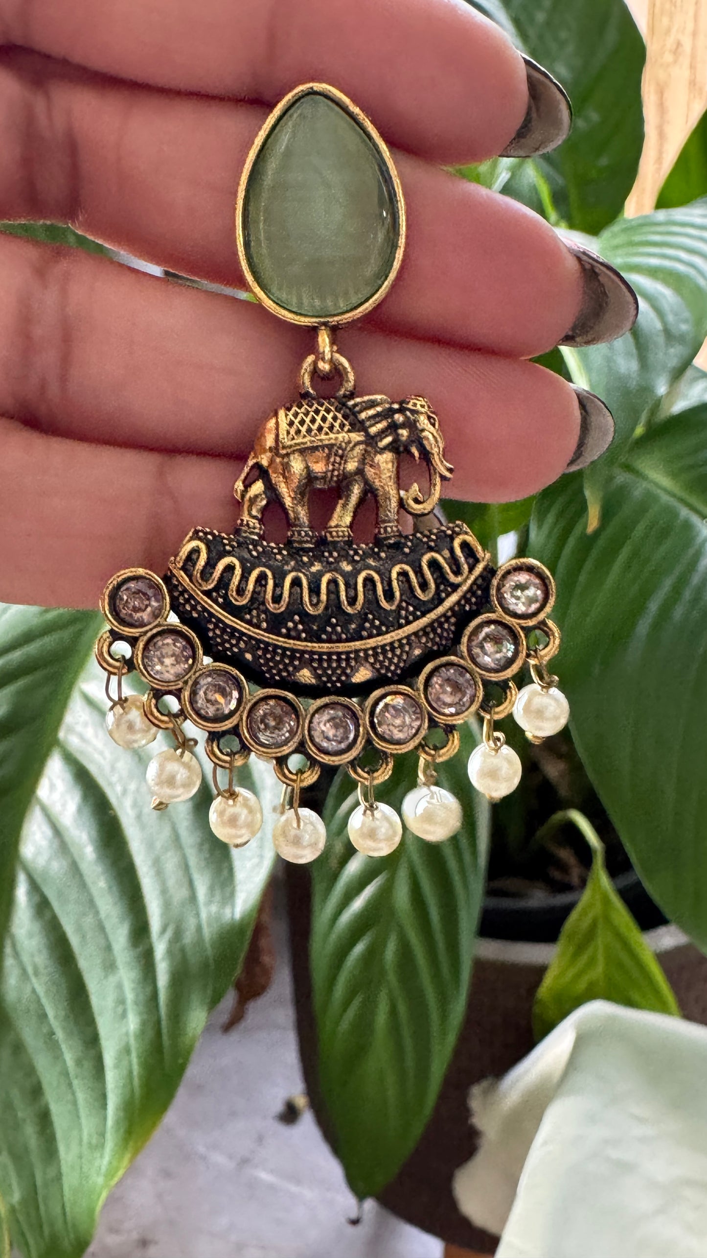 Gorgeous Designer Elephant Hangings Set - Mint Green Stone with Pearl drops