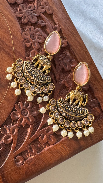 Gorgeous Designer Elephant Hangings Set - Baby Pink Stone with Pearl drops