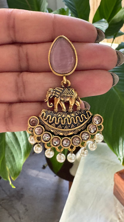 Gorgeous Designer Elephant Hangings Set - Baby Pink Stone with Pearl drops