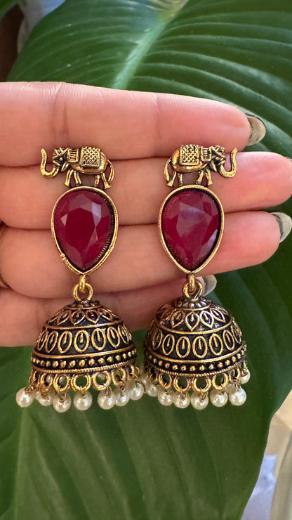 Antique Black Gold Finish Jhumka with Maroon Stone and Elephant motif