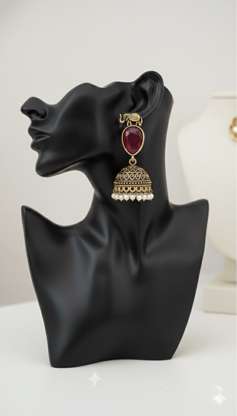 Antique Black Gold Finish Jhumka with Maroon Stone and Elephant motif