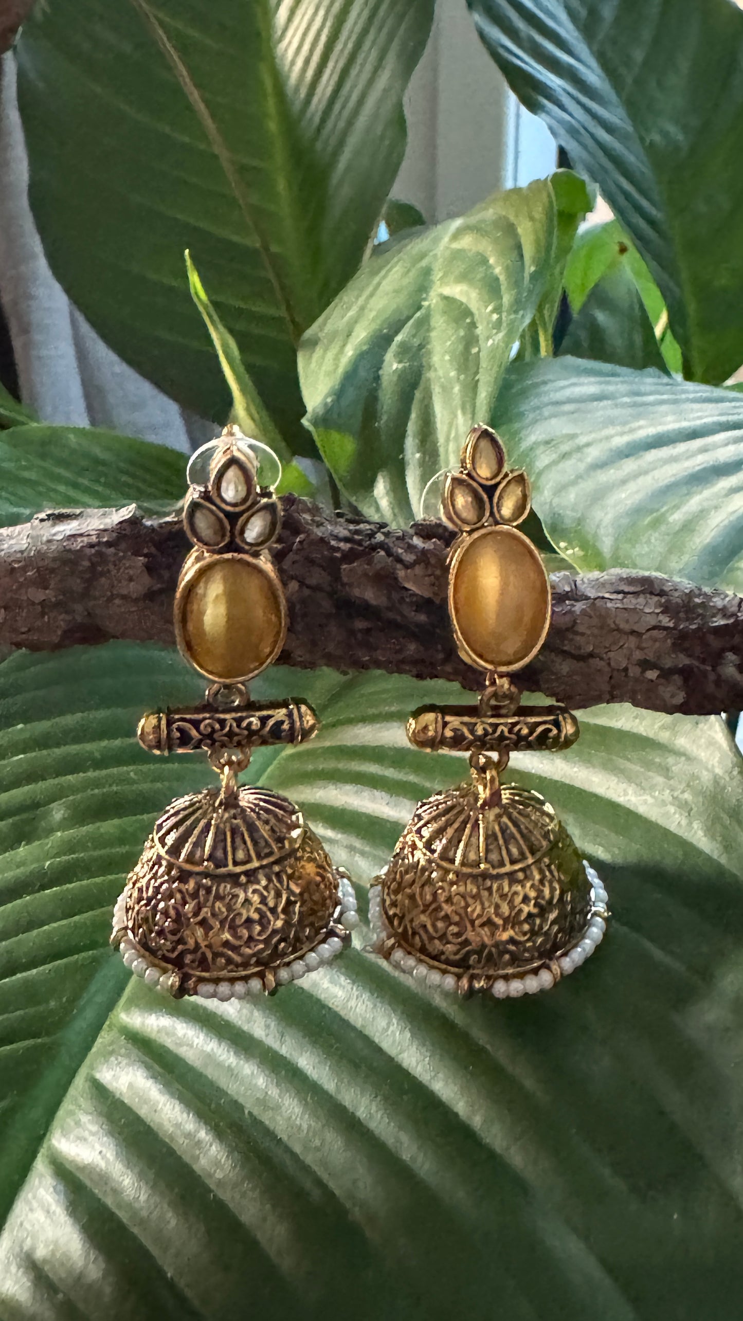 Antique Black Gold Finish Jhumka with Yellow Pearl detailing