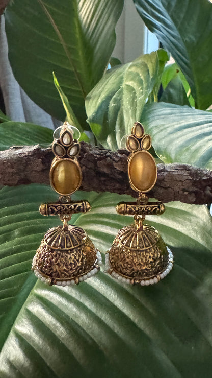 Antique Black Gold Finish Jhumka with Yellow Pearl detailing