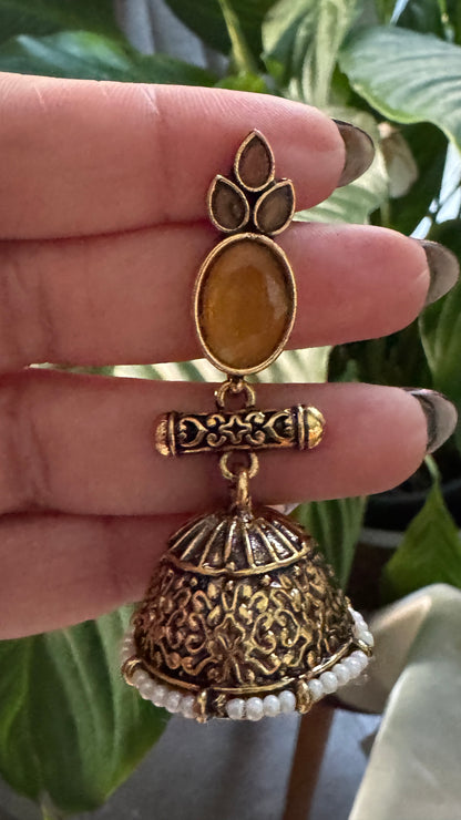 Antique Black Gold Finish Jhumka with Yellow Pearl detailing