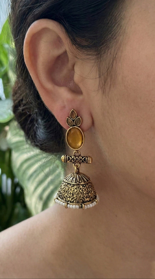 Antique Black Gold Finish Jhumka with Yellow Pearl detailing