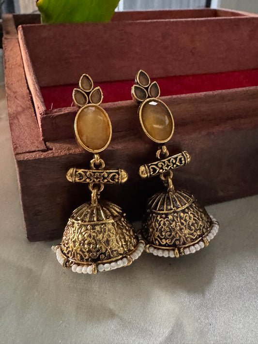 Antique Black Gold Finish Jhumka with Yellow Pearl detailing