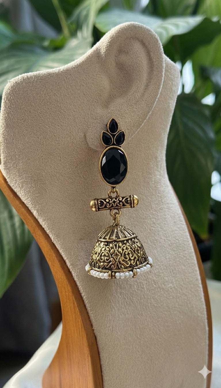 Antique Black Gold Finish Jhumka with Black Stone