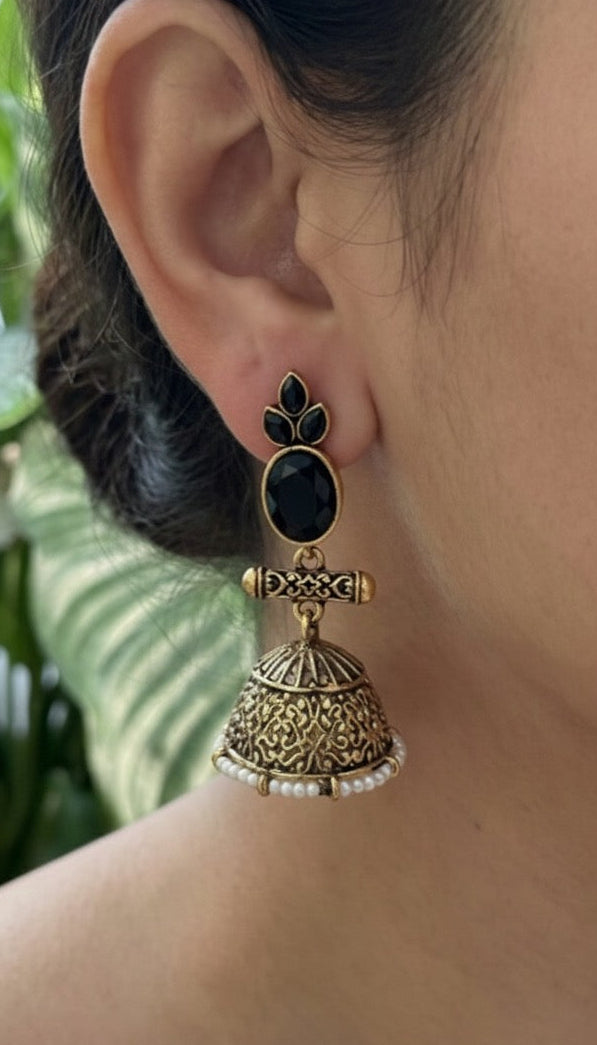 Antique Black Gold Finish Jhumka with Black Stone