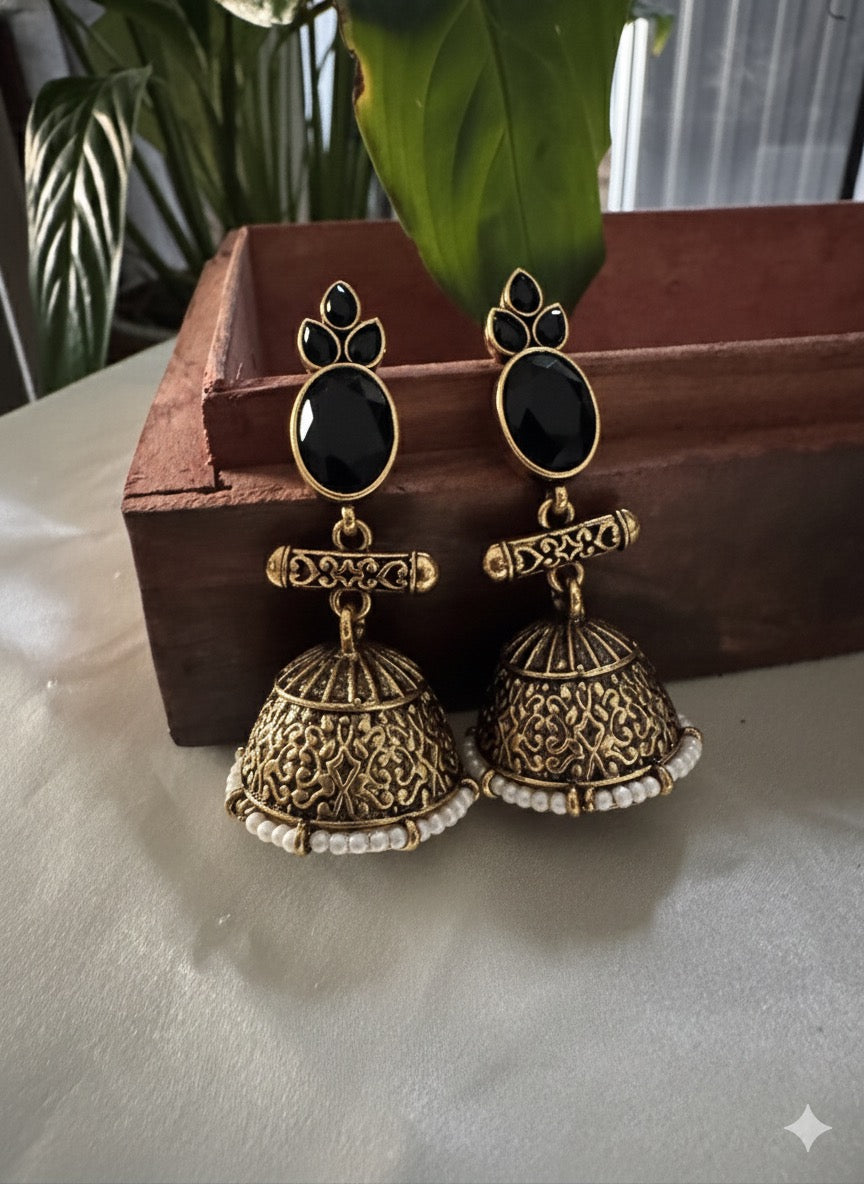Antique Black Gold Finish Jhumka with Black Stone
