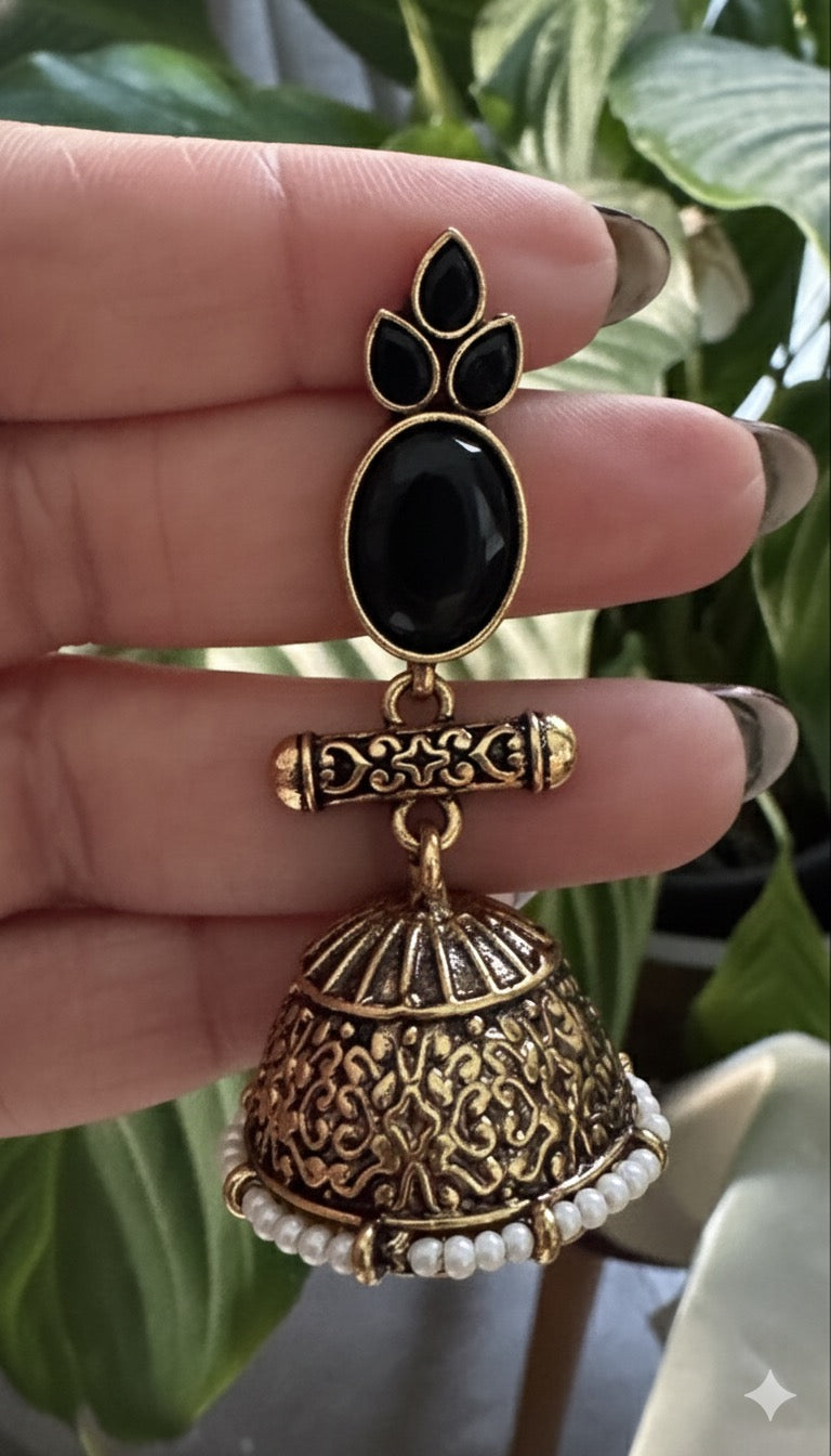 Antique Black Gold Finish Jhumka with Black Stone