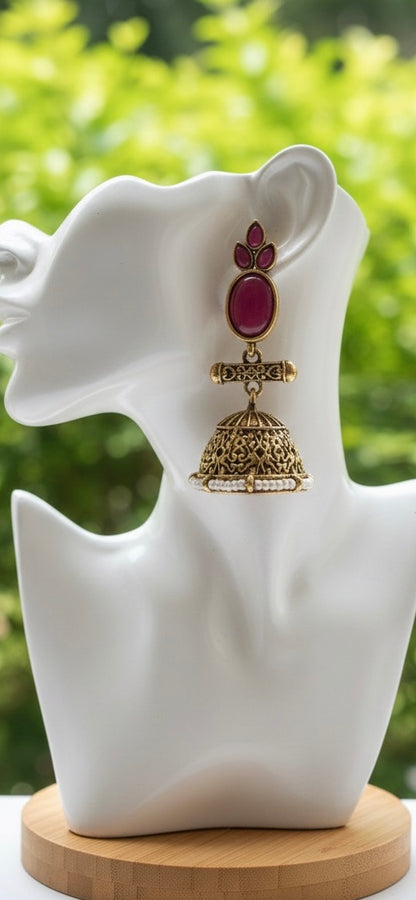 Antique Black Gold Finish Jhumka with Pink and Pearl detailing